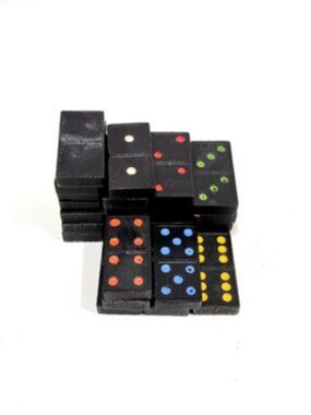 Antique Vintage Halsam Handpainted Black&Multi Wood Dominoes Dbl Six Set of 28